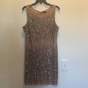 Adrianna Papell Beaded Lined Sequins Nude Dress 10
